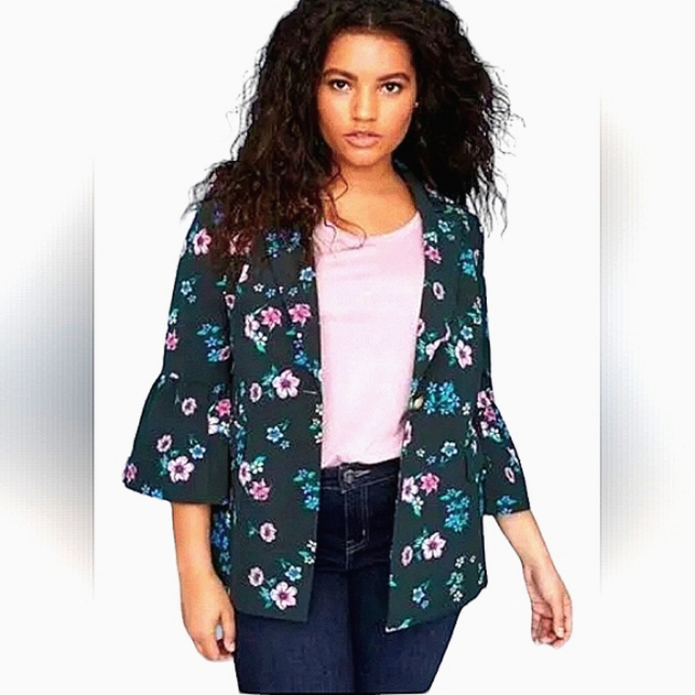 LANE BRYANT DEEP GREEN FLORAL DESIGN BLAZER NWOT PLUS SIZE 14